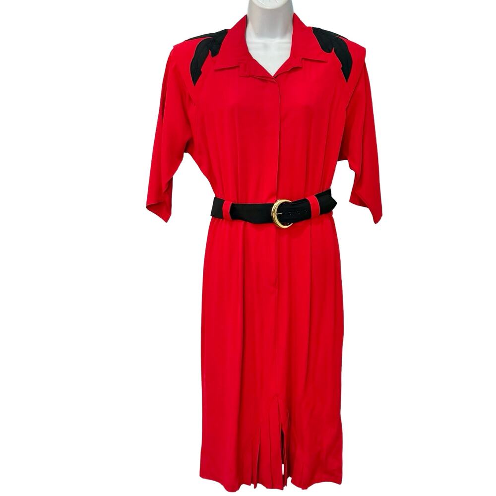 Vintage 80s Red Black Collared Belted Pleated Shoulder Pads Midi Dress size M